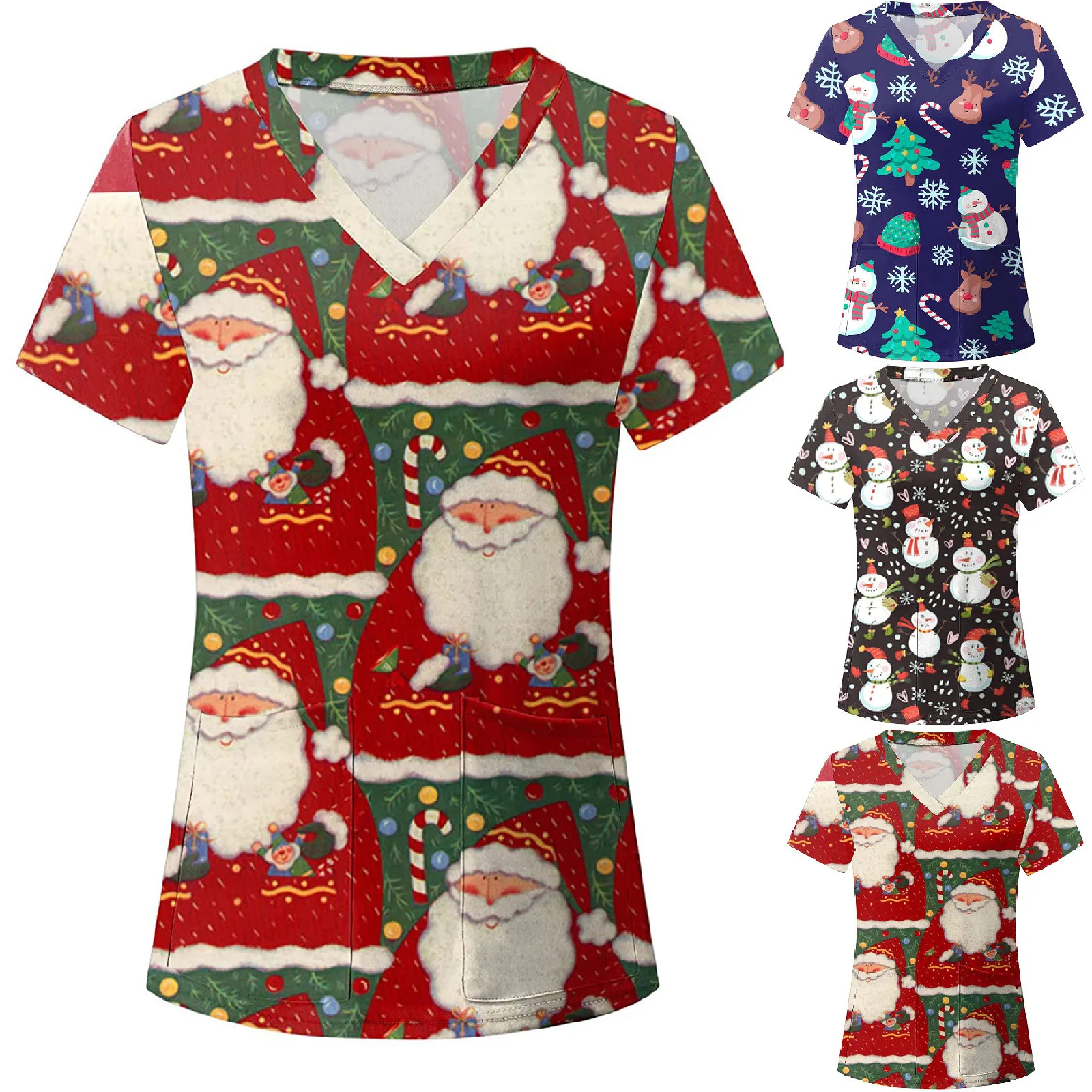 

Christmas Print V-neck Short Sleeves Nurse Working Uniform Tops Ladies Workwear Blouses Pullover T-Shirts Tops Women's Clothing
