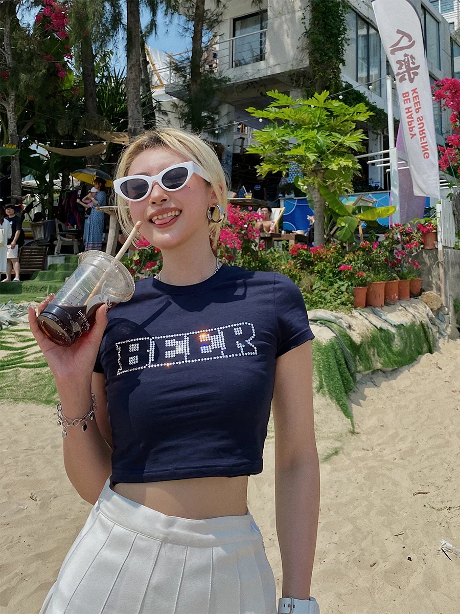 

2021 Summer Tide Brand Hot Rhinestone Letter Print Short T-shirt Women's Short Sleeve Slim Thin Street Hot Girl Top