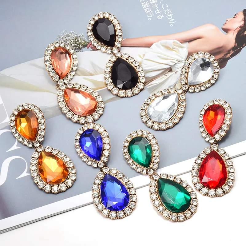 

New Fashion Dangle Colorful Crystals Long Water-Drop Earrings Fine Rhinestone Pendientes Jewelry Accessories For Women Wholesale