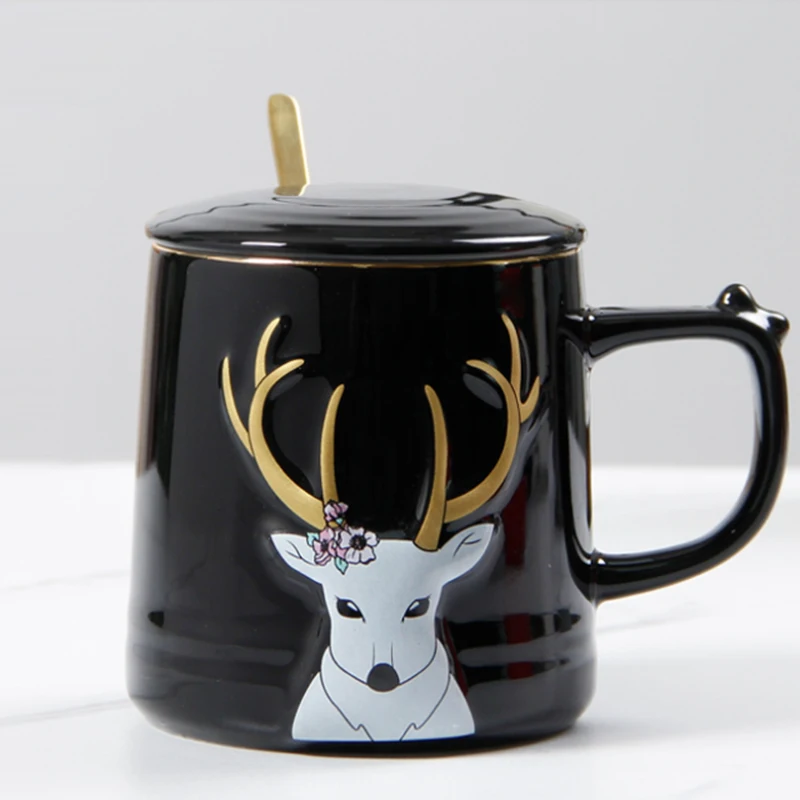 

Nordic Light Luxury Green Ceramic Mug Coffee Cup 400ml Gold Deer Pattern Ceramic Water Cup Ins Hot