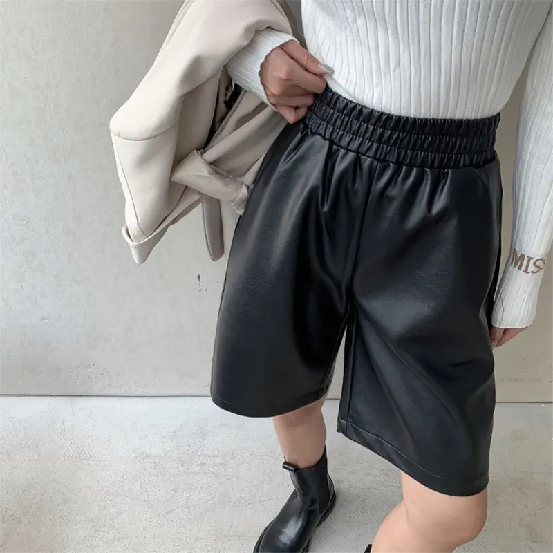 

HziriP Fashion PU Leather Chic 2021 Women All-Match Loose Simple High Waist Hot Slender Casual Streetwear New Wide Leg Shorts