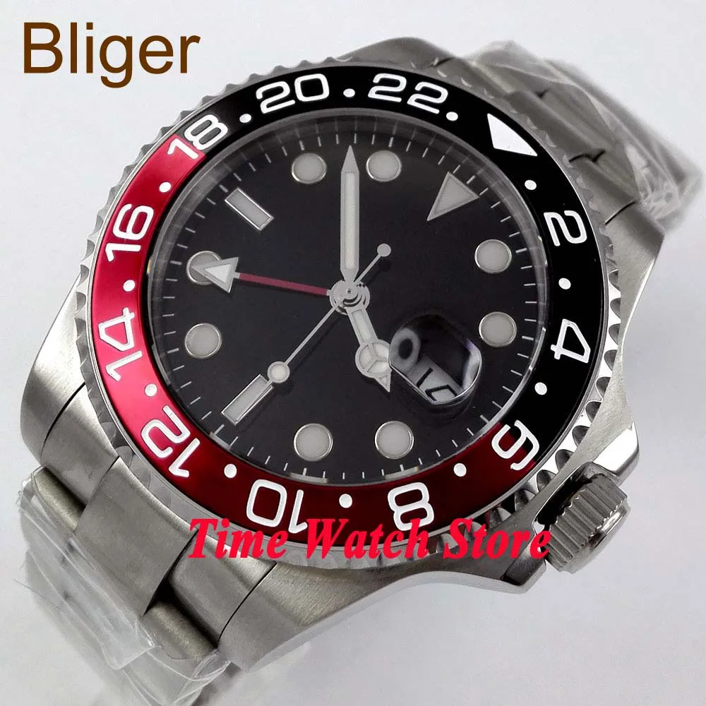Часы Bliger 43 мм черные стерильные часы светящиеся стрелки GMT Безель сапфировое