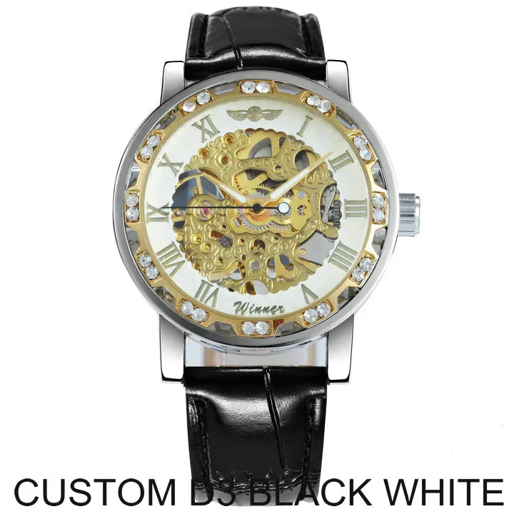 D3 BLACK WHITE WINNER официальный бренд роскошные часы мужские Скелет механические часы Кристалл Iced Out Кожаный ремешок наручные часы подарок для влюбленных - Цвет: D3 BLACK WHITE