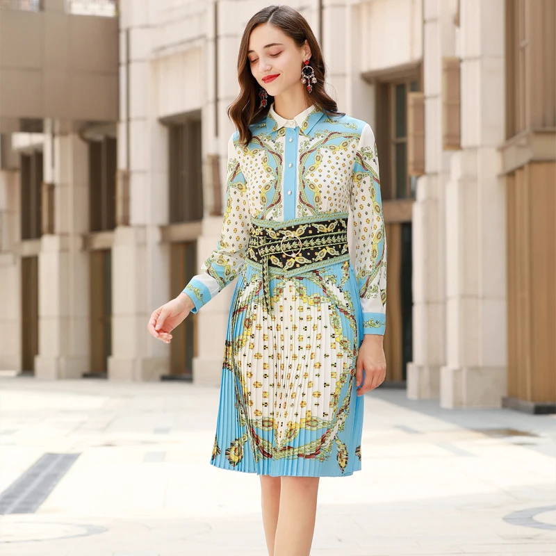 Осеннее женское платье Moda Feminina, женское Плиссированное Платье с принтом, длинный рукав, пояс с бантом, винтажное элегантное вечернее платье Sukienka