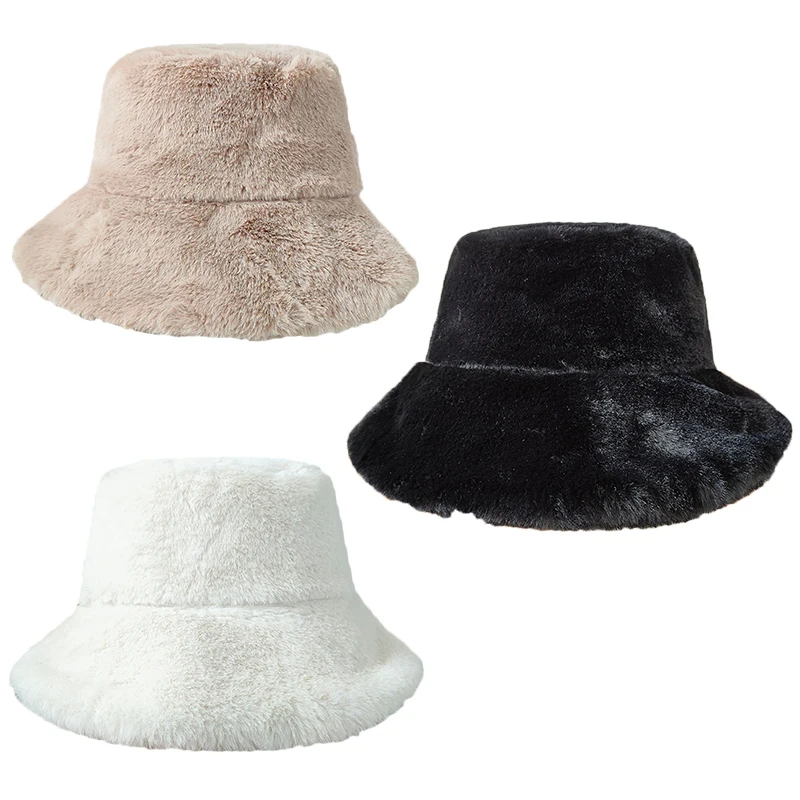 

Winter Outdoor Vacation Lady Panama Black Solid Thickened Soft Warm Fishing Cap Faux Fur Rabbit Bucket Hat For Women