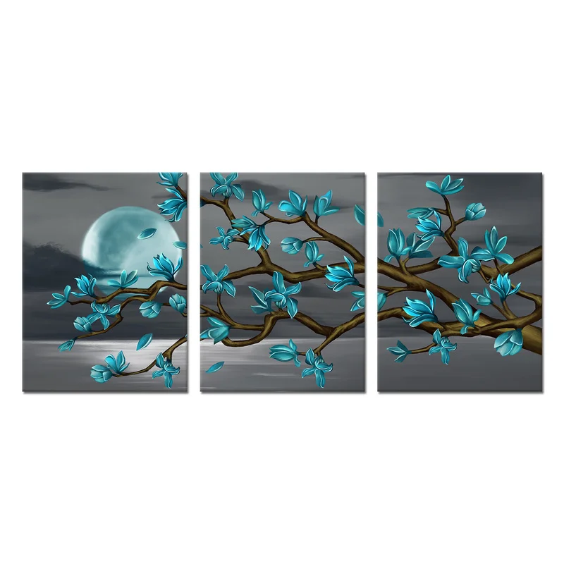 

Posters Beautiful Blue Flowers Print Abstract Wall Art Full Moon Pictures Canvas Living Room Decoration Wall Paintings