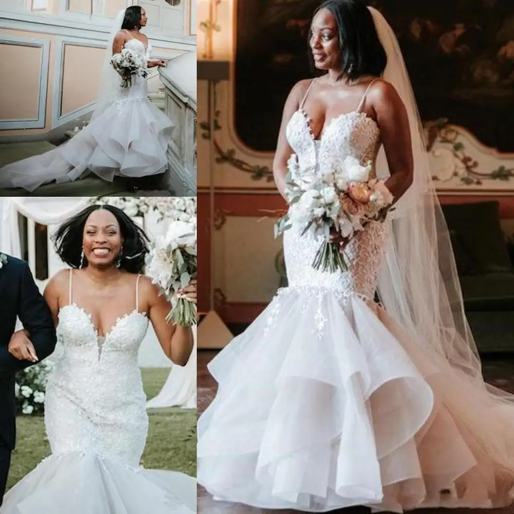 

Romantic Nigerian African Wedding Dresses Mermaid Trumpet Plus Size Spring Country Wedding Gowns Spaghetti Straps 2021 elegant