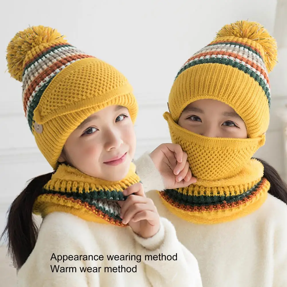 

1 Set Popular Knitted Color Block Beanie Scarf Face Cover Boys Girls Hat Scarf Set Removable Face Cover for Festival