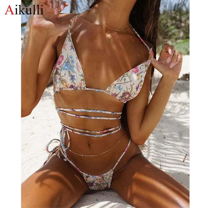 

Sexy Flower Print Thong Bikini Swimsuit Women 2021 Mujer Bandage Swimwear Push Up Bikini Set Brazilian Bathing Suit Swim Biquini