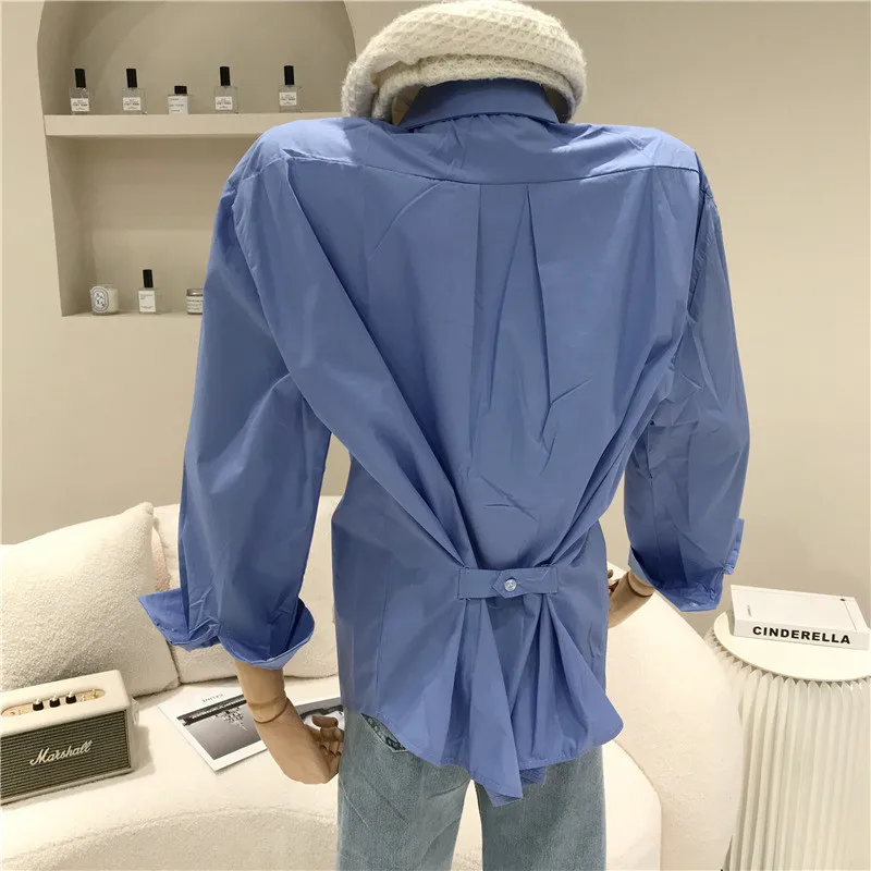 

Women's Spring Summer 2021 Fashion Solid medium long Lapel shirt Design sense long sleeve loose shirt