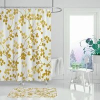 180x180cm golden leaf curtain set beautiful flower polyester shower curtain toilet cover mat non slip bath carpet cover