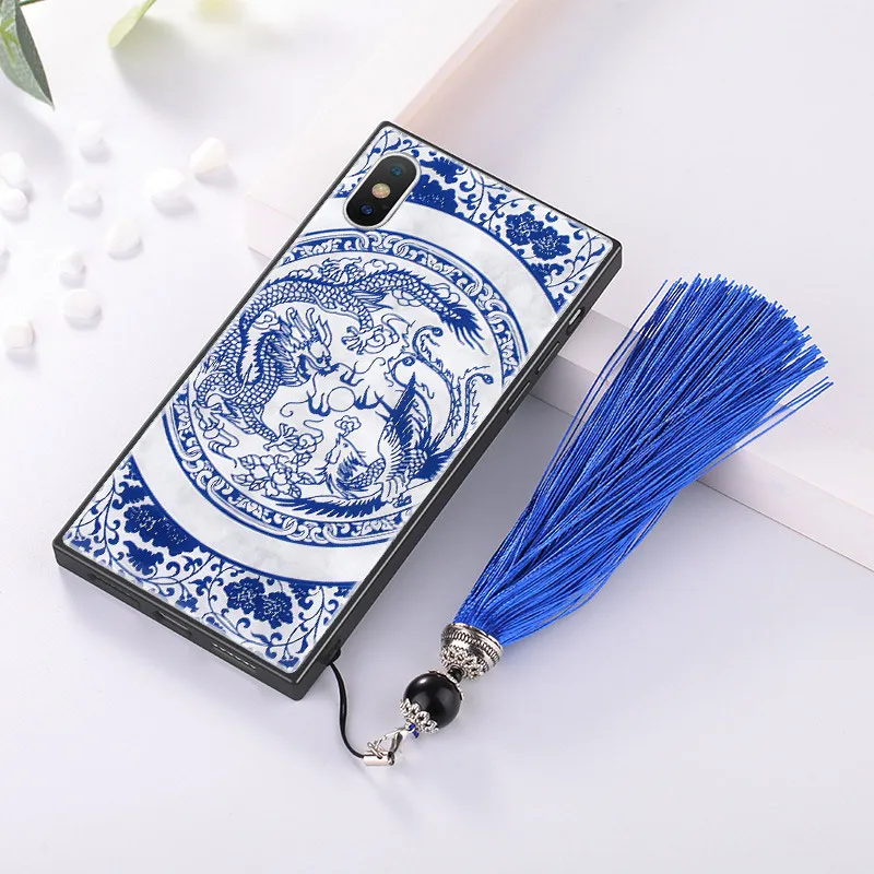 Dragon Phoenix Для iPhone 11 Pro Max 11Pro XS Max XR X 8 7 Plus чехол китайский сине-белый фарфор закаленное стекло чехол ремешок для Apple 11 Funda - Цвет: Dragon Phoenix