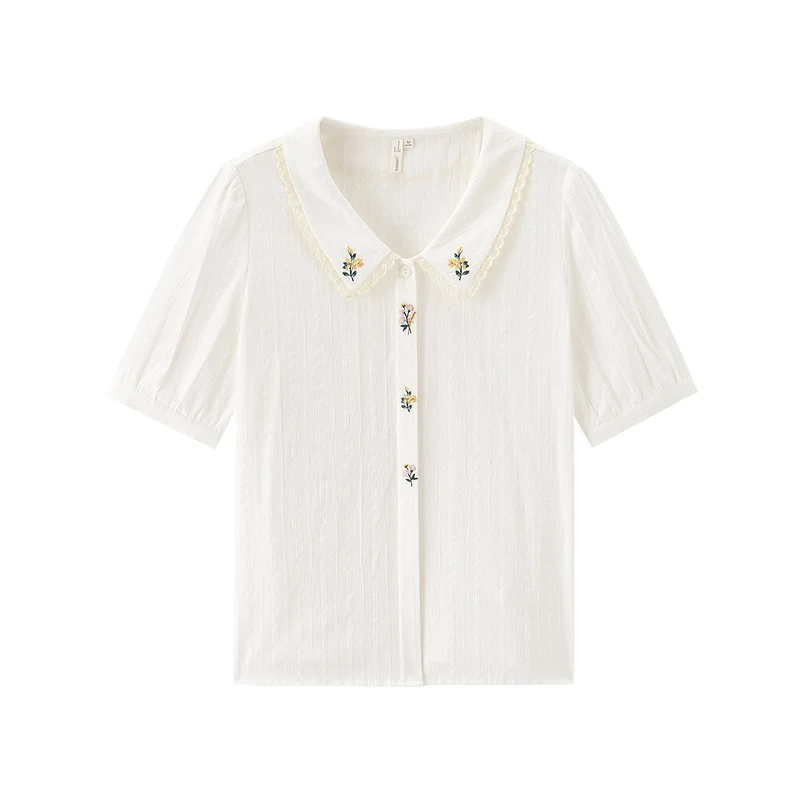 

INMAN Artsy Lady Blouse Elegant Blossom Flower Embroidery Dobby Lace Border Turn Down Collar Women Tops