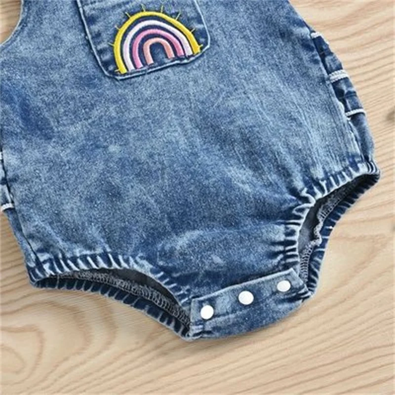 

Hot-selling summer 2021 new products children's clothing infant girls denim rainbow print one-piece casual fashion + bandana