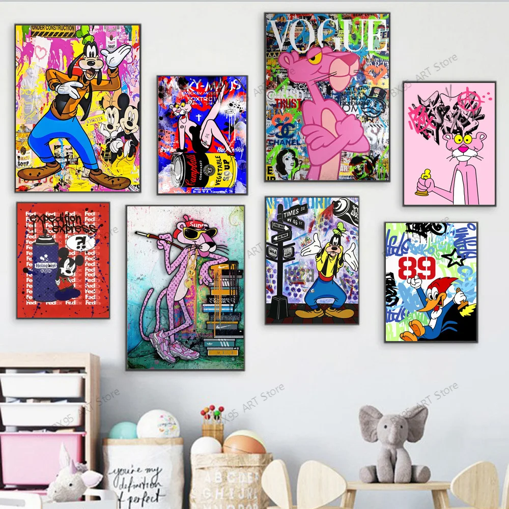 

Постеры и принты из мультфильма Disney, настенная Картина на холсте с собакой Микки Маусом и гофи, декор для комнаты, подарочное украшение для д...