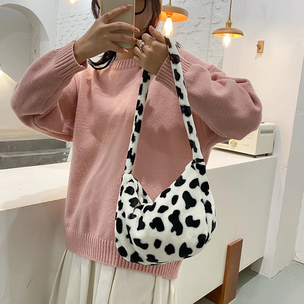 

Fashion Cow Printed Handbag Women Casual Autumn Winter Street Phone Shoulder Crossbody Bag Fluffy Plush Dumpling Totes