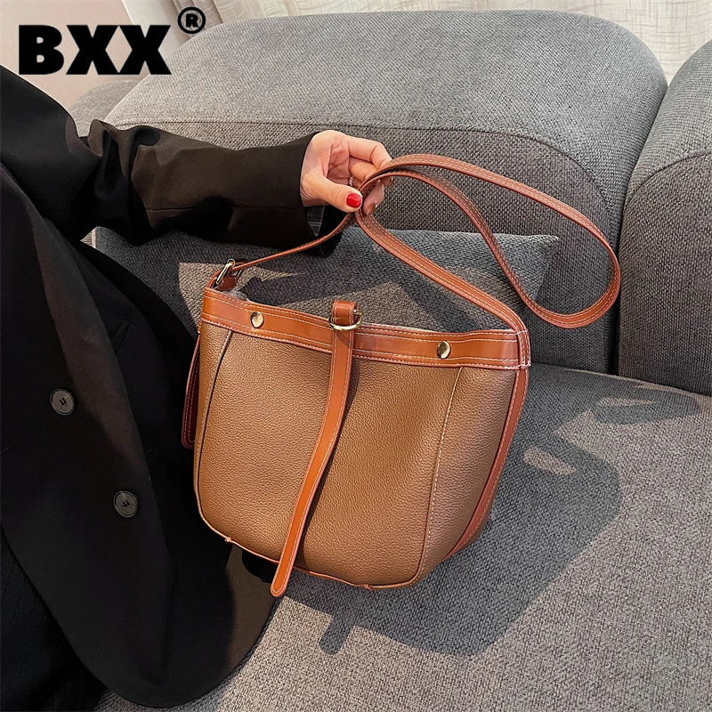 

[BXX] Woman New Brand Vintage Bucket Bag PU Leather Personality All-match Crossbody Shoulder Bag Fashion Tide Autumn 2021 GF1171