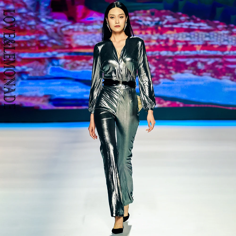 Женский Блестящий Комбинезон LOVE &amp LEMONADE с V-образным вырезом и длинным рукавом