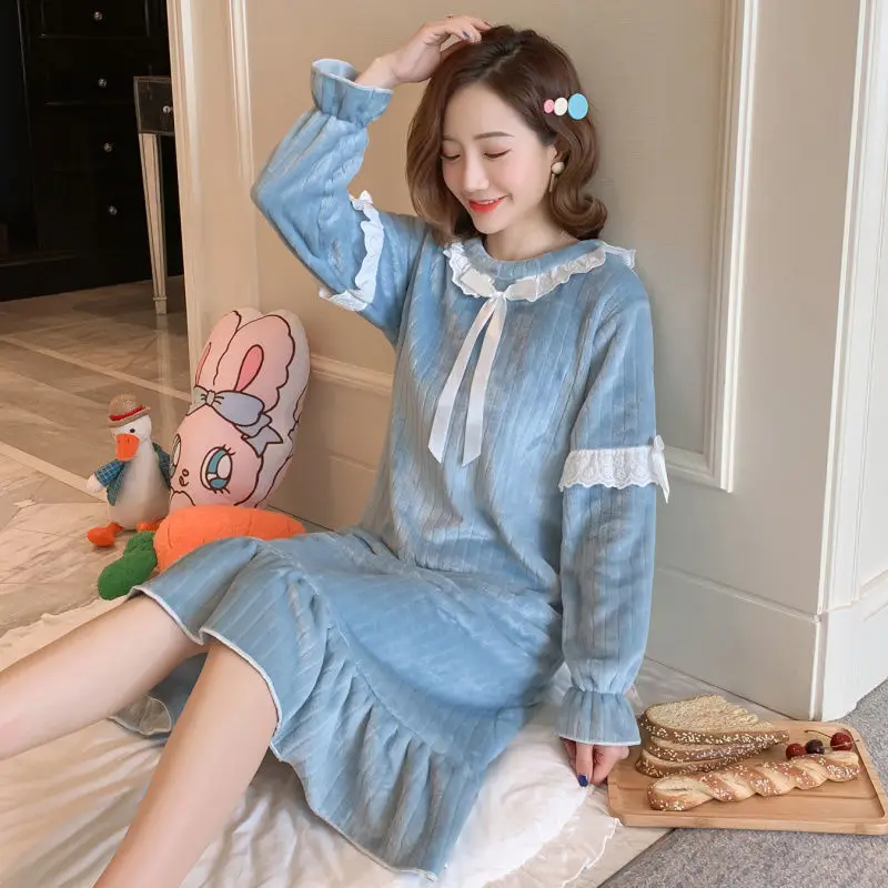 

Women Nightgowns Ruffles Simple Flannel Soft Cozy Bow Winter Princess Sweet Fashion Ulzzang Chic Homewear Sleepshirts Leisure