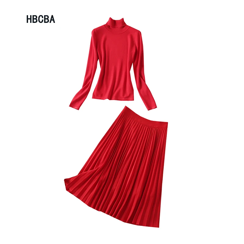 

HBCBA Autumn Fashion Stars In Europe And The United States The Same Women's Red Two-Piece Turtleneck Sweater + Pleated Skirt