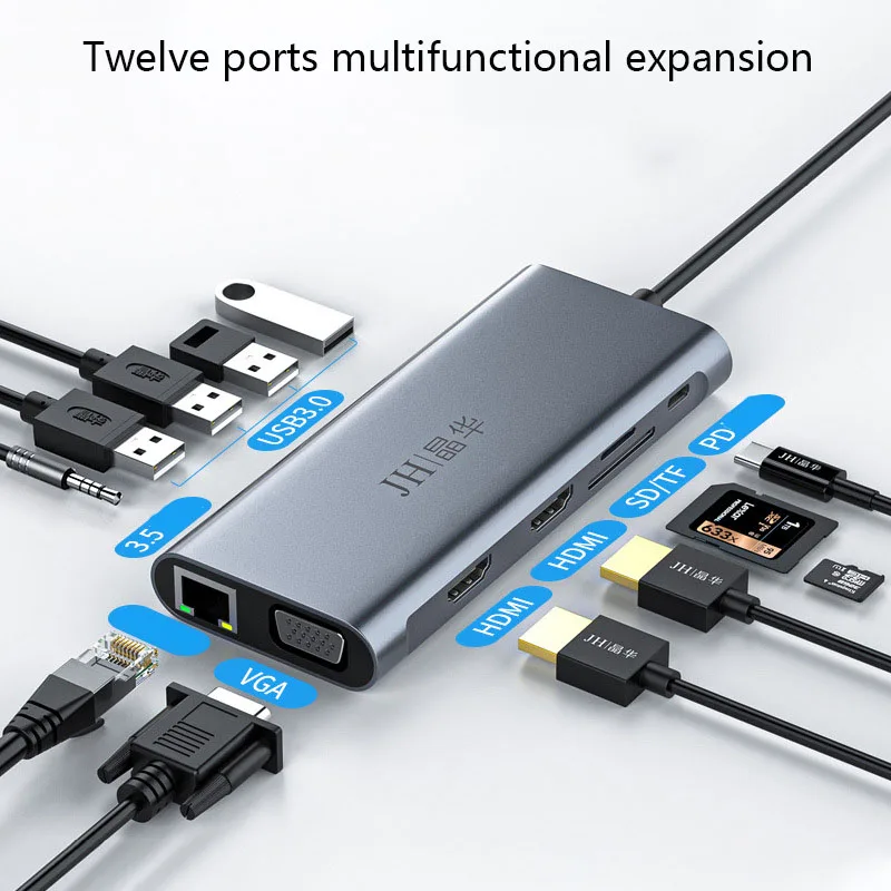 

12 в 1, usb-хаб, двойной порт HDMI VGA, расширитель для компьютера, карта SD TF, быстрая зарядка PD, многофункциональная док-станция расширения