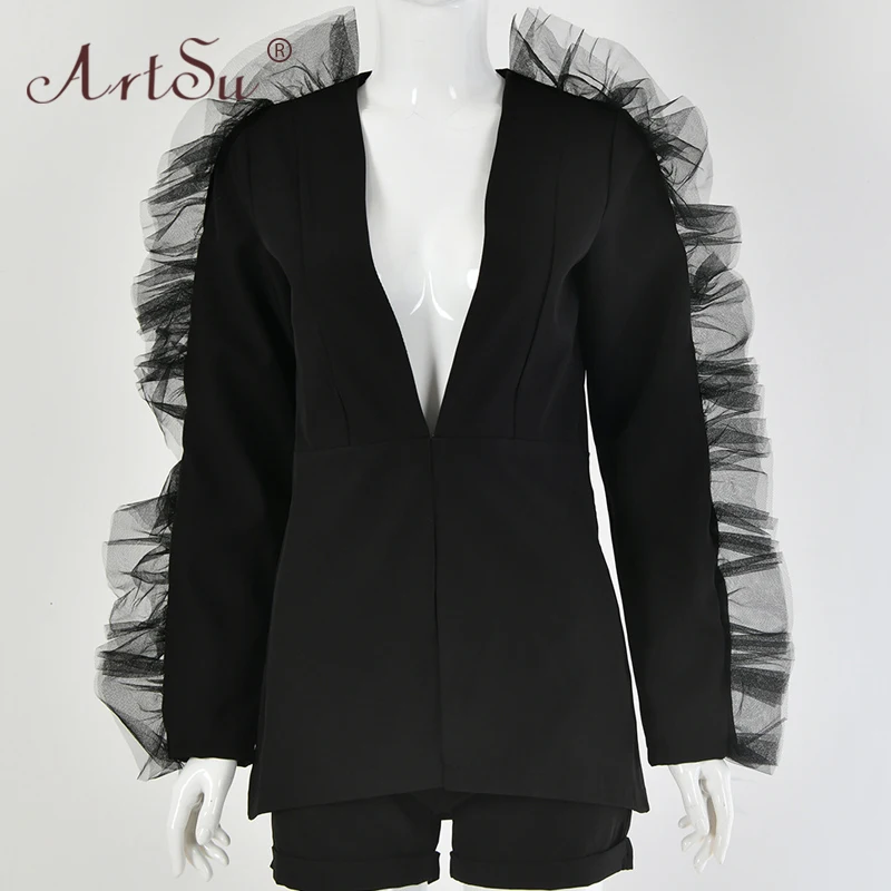 

ArtSu Deep V-Neck Mesh Spliced Sexy Women Blazer And Shorts Two Piece Set Fashion White Celebrity Suit Ladies Black Party Wear