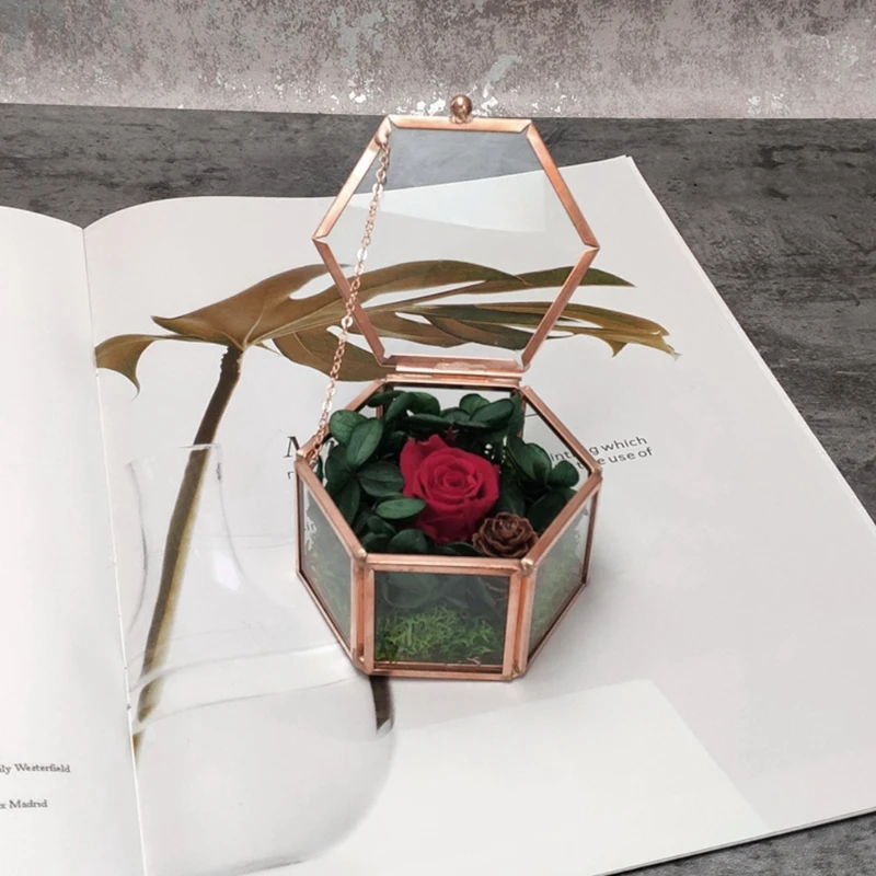 

Hexagon Transparent Rose Gold Glass Ring Box Wedding Ring Box Geometric Clear Glass Jewelry Box Organizer TabletopHolder