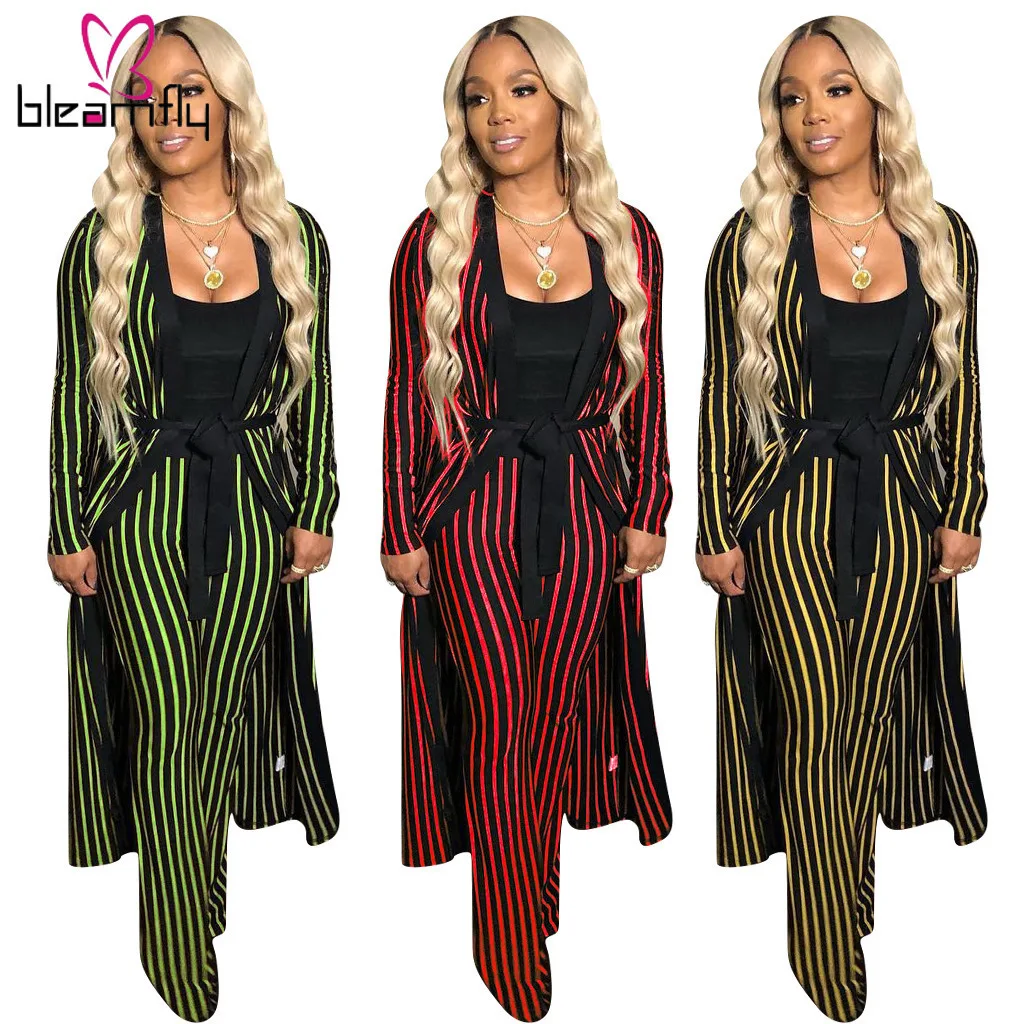 Новинка 2019 Осень-зима женское длинное пальто в полоску с принтом прямые брюки