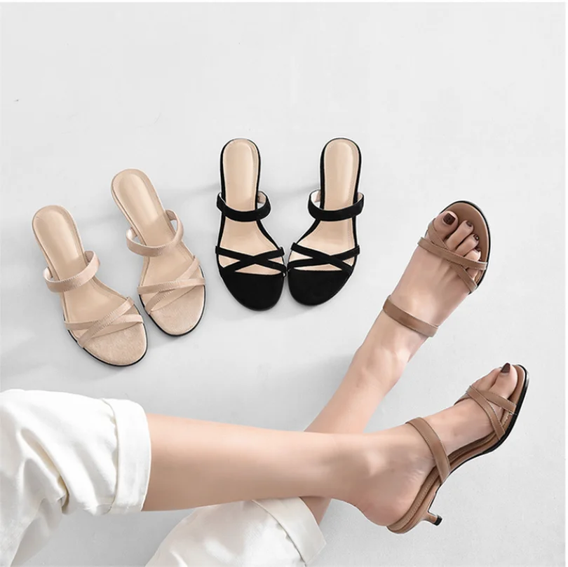 Online Sommer Fashion Cross Strap Frauen Slipper Single Katze Ferse Echtes Kuh Leder Damen Schuh