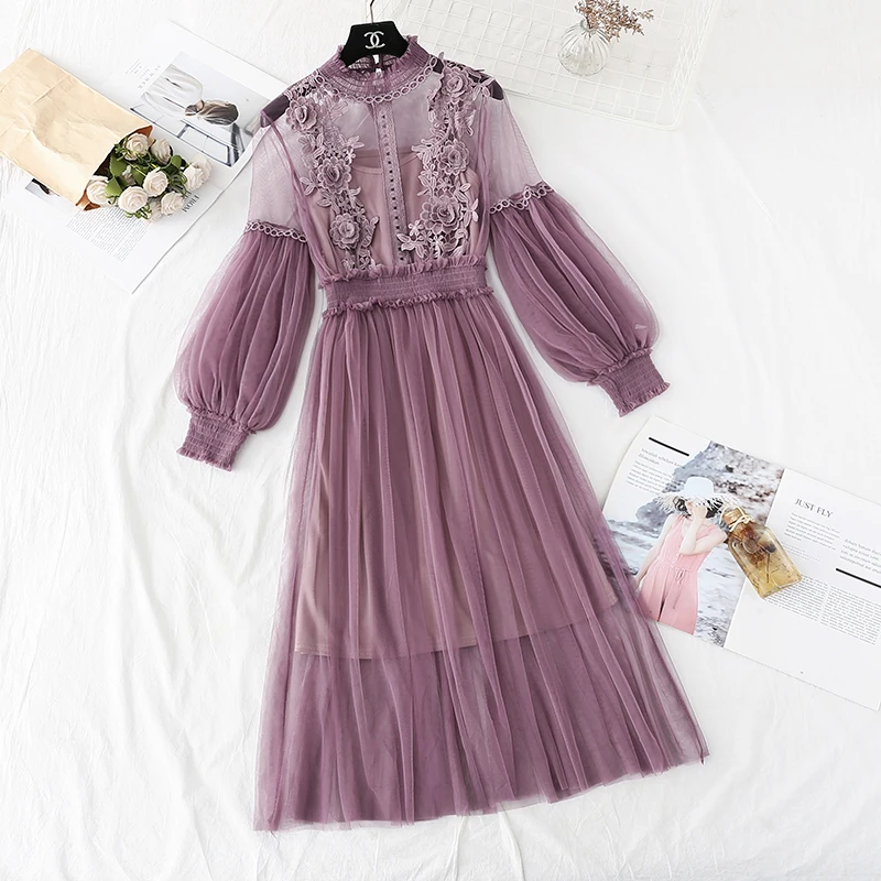 LUZUZI женское кружевное платье с цветочным рисунком Сетчатое летнее рукав фонарик вуаль длинное винтажный