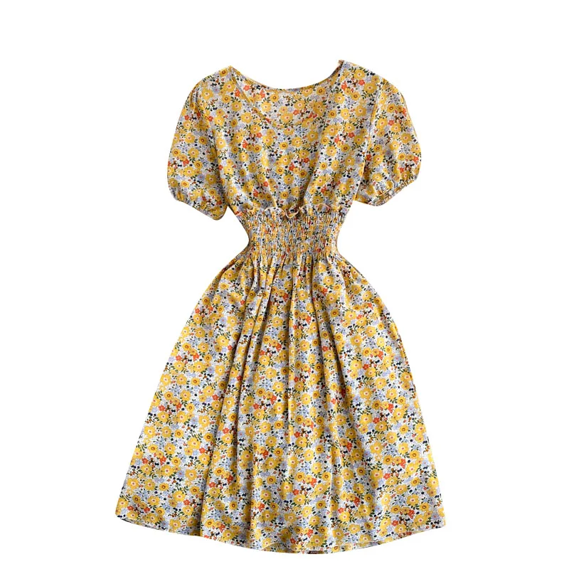 

Age Reduction Round Neck Puff Sleeve Chiffon Vestidos Female Summer Dress 2021 New Elastic Waist Floral Holiday Mini Dress GL299