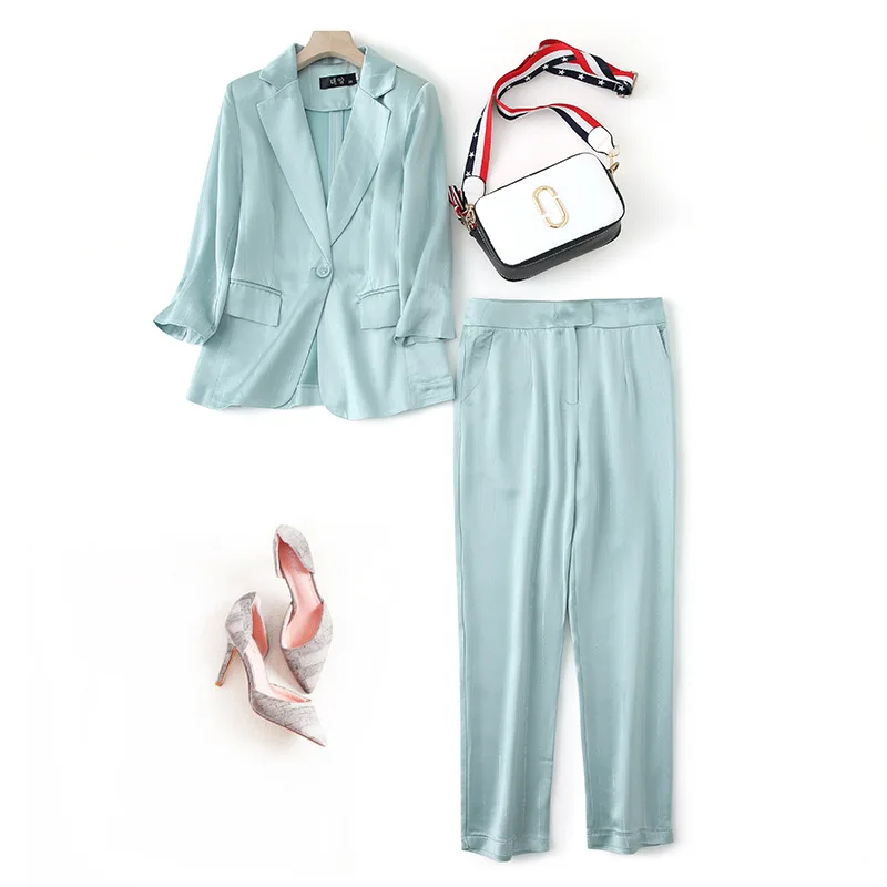 woman 2 piece sets 2020 spring summer office ladies work golden striped blazers coats + slim pencil pants suit sets S-3XL JC342