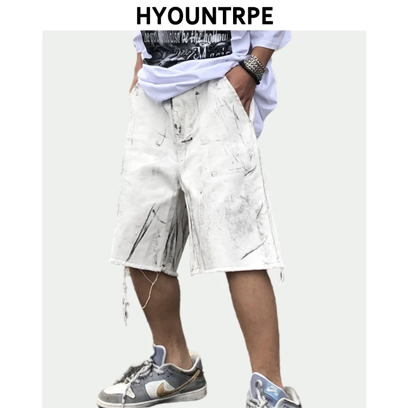 

2021 Men's Summer Graffiti Denim Shorts Straight Distressed Zipper Shorts Loose Casual Short Pants Hip Hop Streetwear Joggers