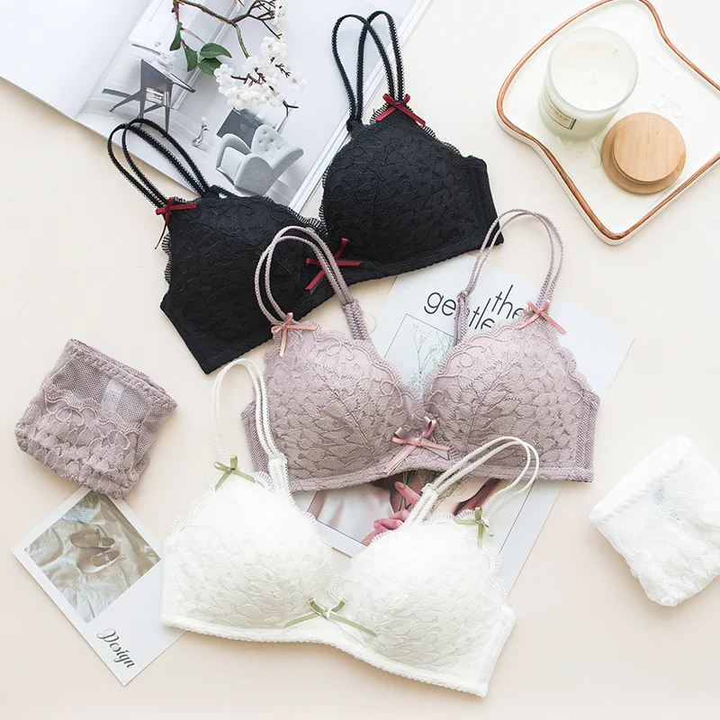 

Wasteheart Women Fashion Purple Lace Bow Padded Bras Bralette Cotton Trim Panties Push Up Wireless Bra Sets Sexy Lingerie Sets