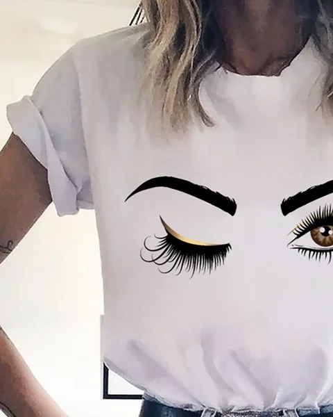 Women Printed Short Sleeve Round Neck T Shirt Blouse Tops graphic funny eyes grunge tumblr gothic young vintage tees art tops | Женская
