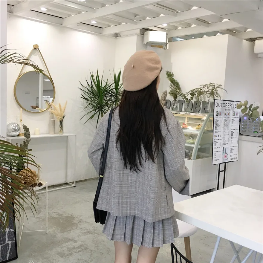 Женский клетчатый костюм MUMUZI пиджак и плиссированная юбка в консервативном