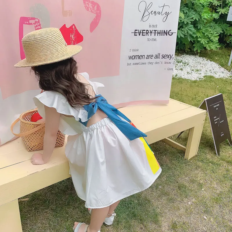 

Girls Dress Rainbow Backless 2021 New Summer Flowers Kids Sleeveless Outfit Baby Elegant Party Costume Children Vestidos