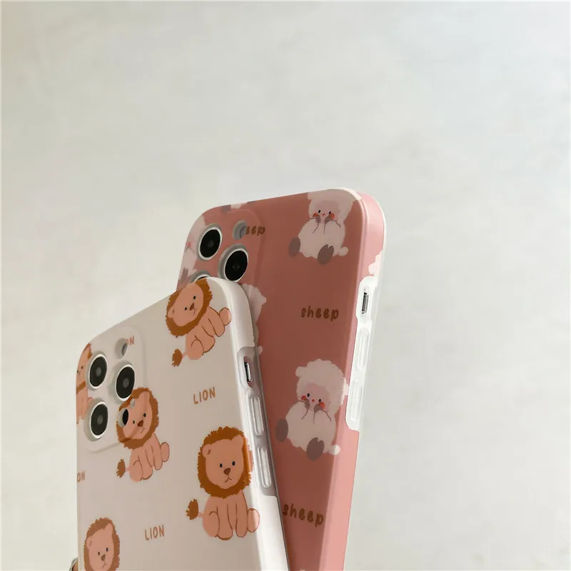 

For iPhone 7 8 Plus X XR XS Max 12Mini 11 12 ProMax Stylish Cute Side Patterns Of Sheep And Lion Soft Liquid Silicone Phone Case