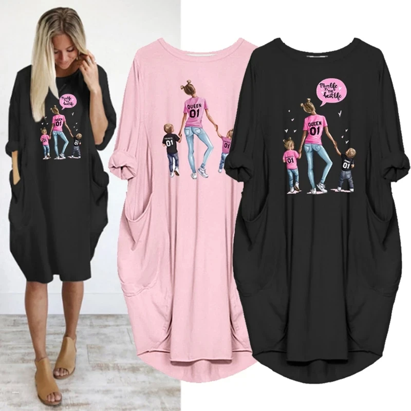 

Women Midi Dress Long Sleeve Mama Child Print o Neck Pocket Plus Size Casual Vintage Party Woman Dresses Vestidos Robes Mujer