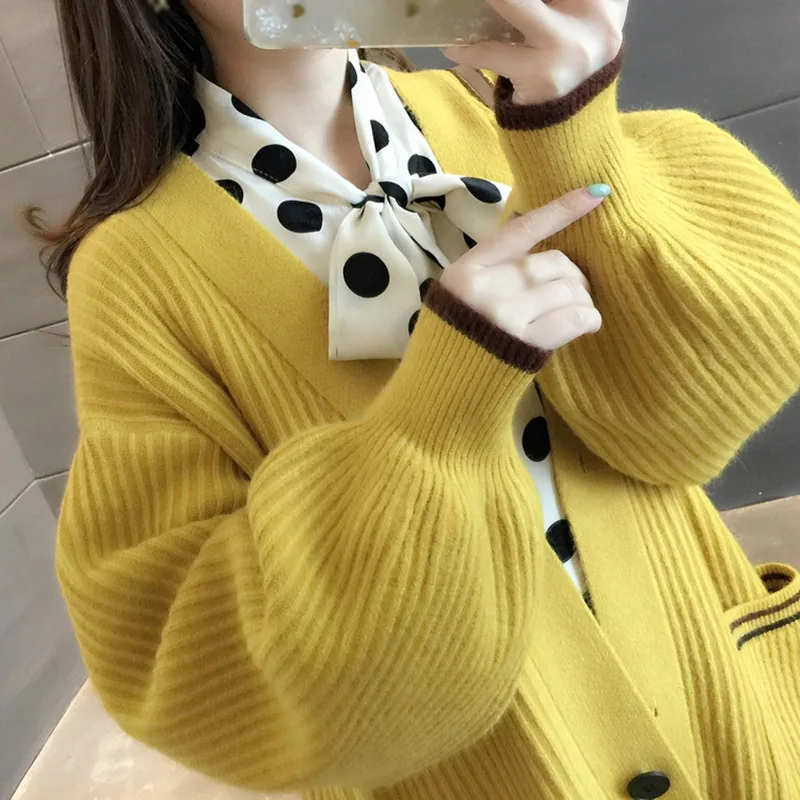 

Autumn Winter Net Red Loose Casual Solid Color V-Neck Knitted Long-Sleeved Cardigan Jacket Korean Style