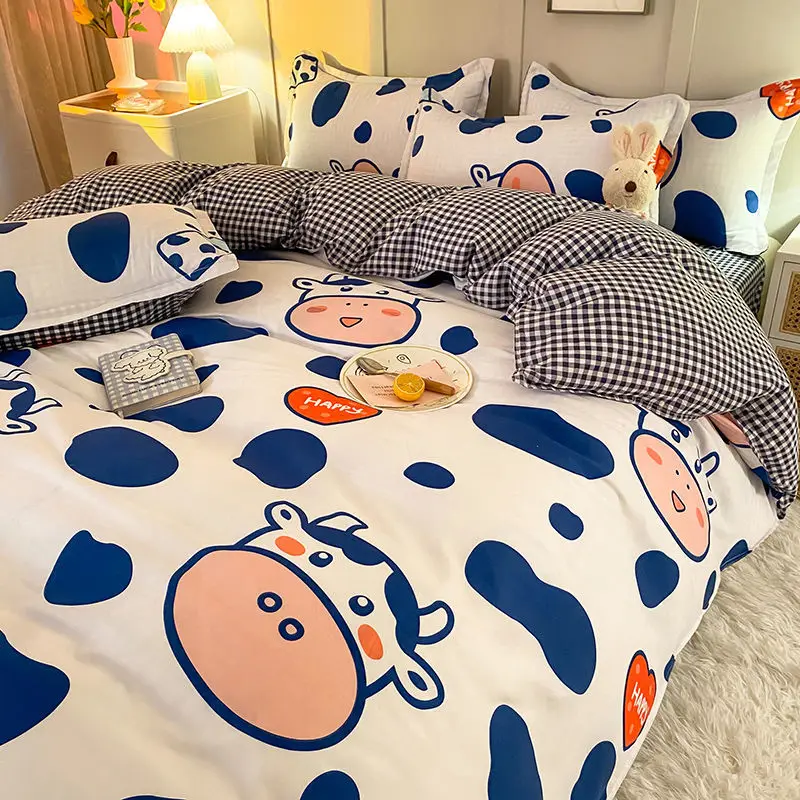 

Kids Duvet Cover Set with Flat Sheet Pillowcase Bedding Set Cute Cow Bear Boys Girls Single Double Queen Size Home Bedclothes