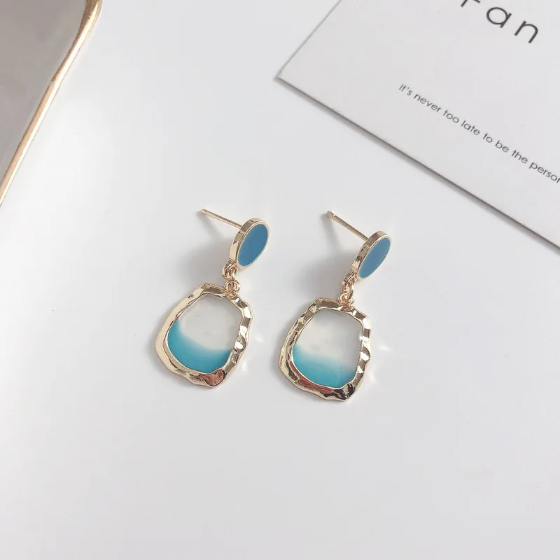 Korean temperament Small Gold Color Frame Gradient Blue Resin Transparent Square Clip on Earrings Non Pierced Ears For Women | Украшения и