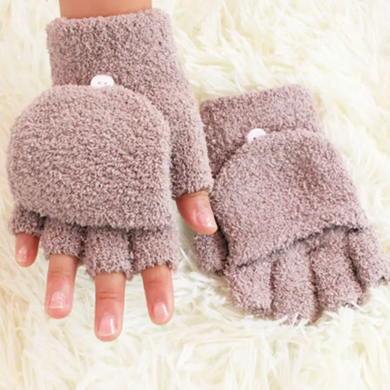 

Solid Coral Fleece Winter Gloves Children Kids Men Women Winter Keep Warm Knitted Convertible Flip Top Fingerless Mittens Gloves