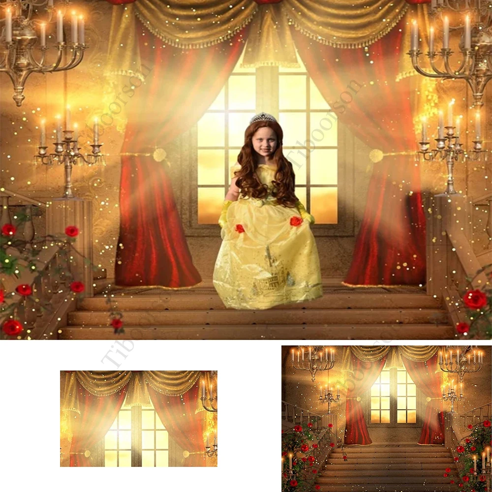 

Fairy Beauty Backdrops for Photography Beast Red Carpet Stairs Party Background Princess Castle Palace Ballroom Wedding Backdrop