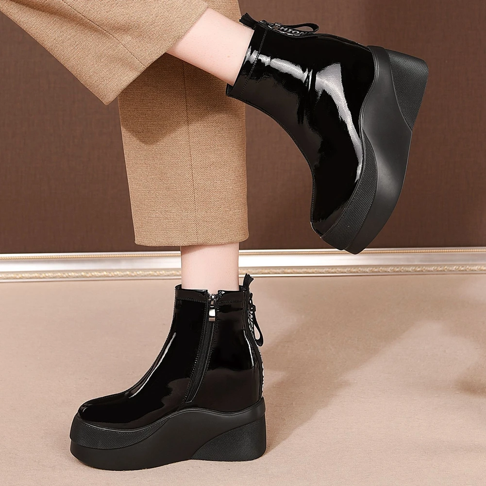 

RIBETRINI Brand New high-quality Patent Leather Zipper Platform Height Increased Ankle Boots Stylish Winter Shoes Boots Women