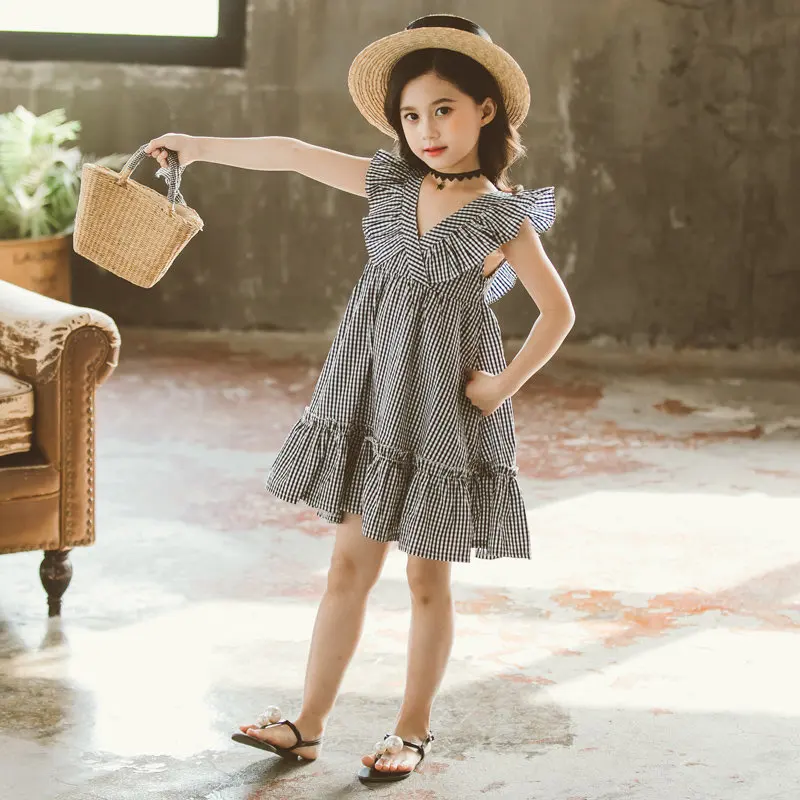 Dress For Girls Ruffle V-Neck Casual Plaid 2020 Summer Party Birthday Kids Dresses 4 5 6 8 10 12 13Y | Детская одежда и обувь