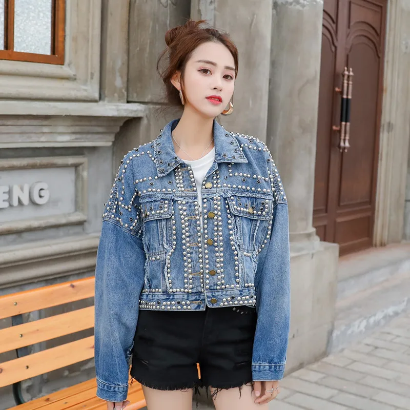 Short Loose Nail Pearl Cowboy 2019 Rivet Coat Jacket Woman | Женская одежда