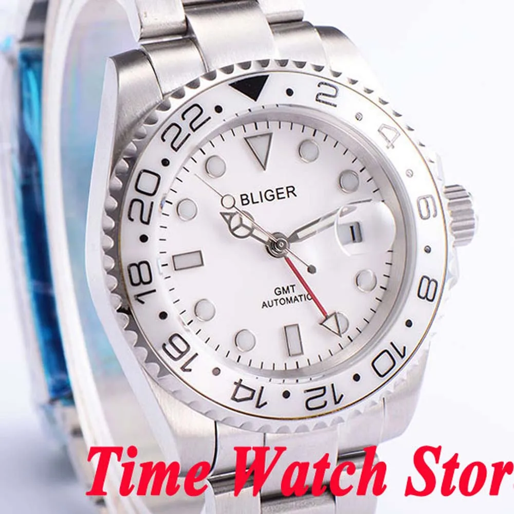 

Bliger 40mm white dial luminous saphire glass Ceramic Bezel GMT automatic movement men's watch men 191