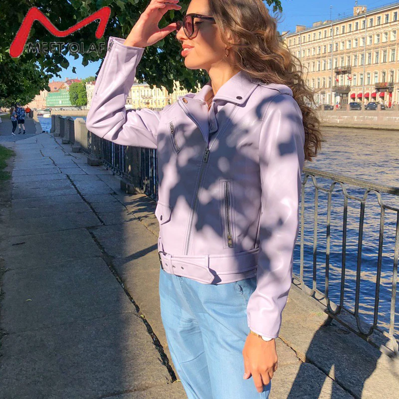 Весна-Осень 2020 Женская куртка из искусственной кожи с поясом белая черная на