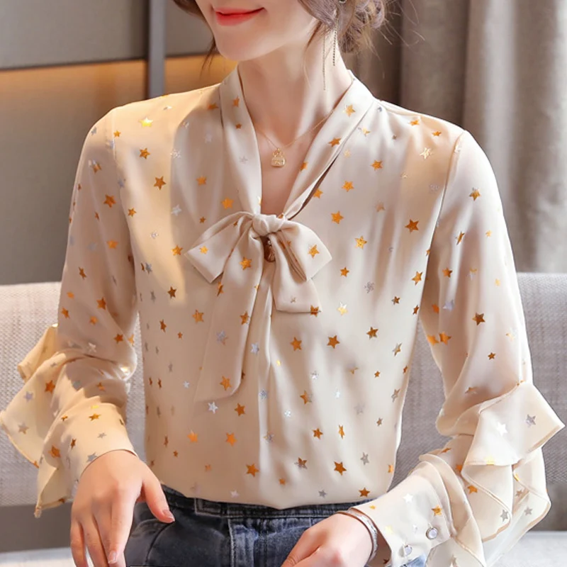 

Blusas Mujer De Moda 2021 блузка Для женщин с длинным рукавом Для женщин блузки рубашки с оборками и бантом и v-образным вырезом Шифоновая блузка рубашк...